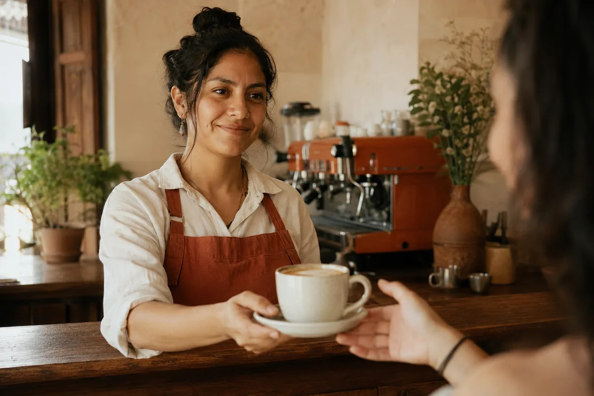 An illustrated neighborhood café owner welcoming a customer with a coffee