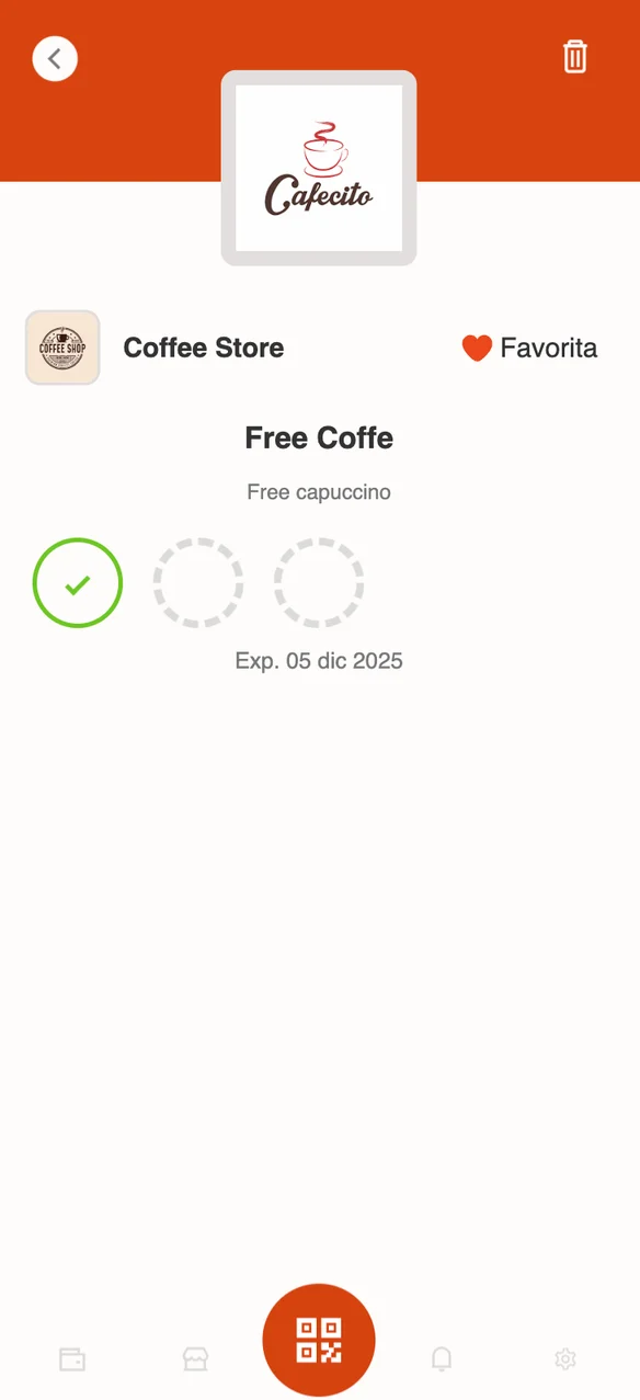 Stampa coffee reward card with one of three stamps collected