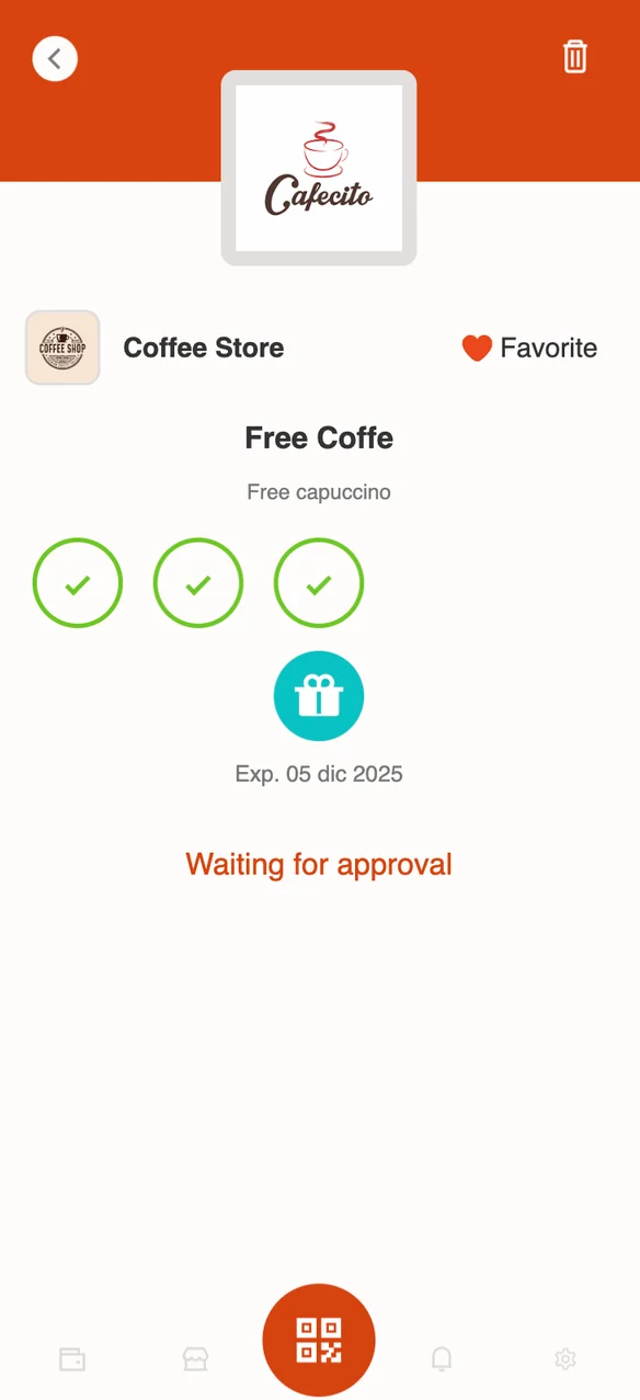 Completed Stampa coffee card showing a gift and waiting-for-approval status